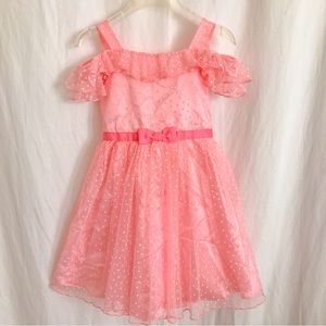 Girls coral bow poke-a-dot ruffle dress